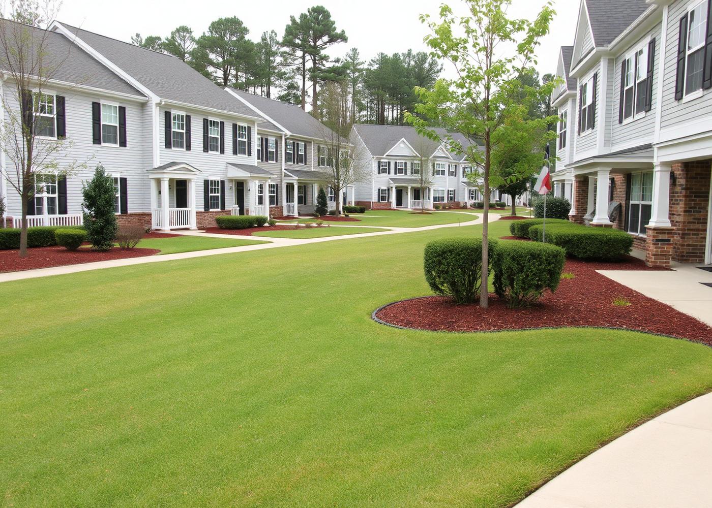 Well-maintained lawn and shrub beds across a small Raleigh-area community