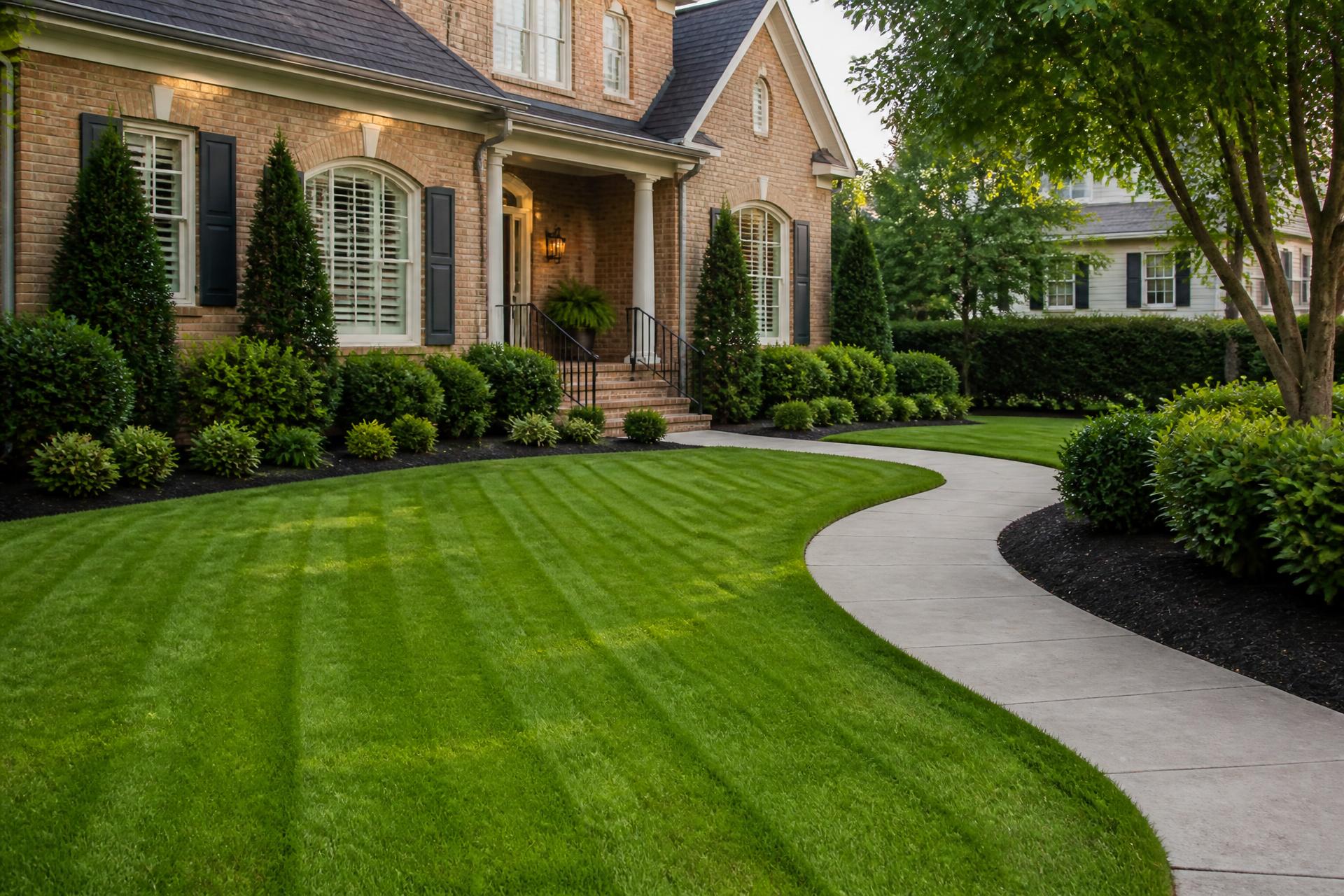 Freshly mowed Raleigh front lawn with crisp edging and mulched beds